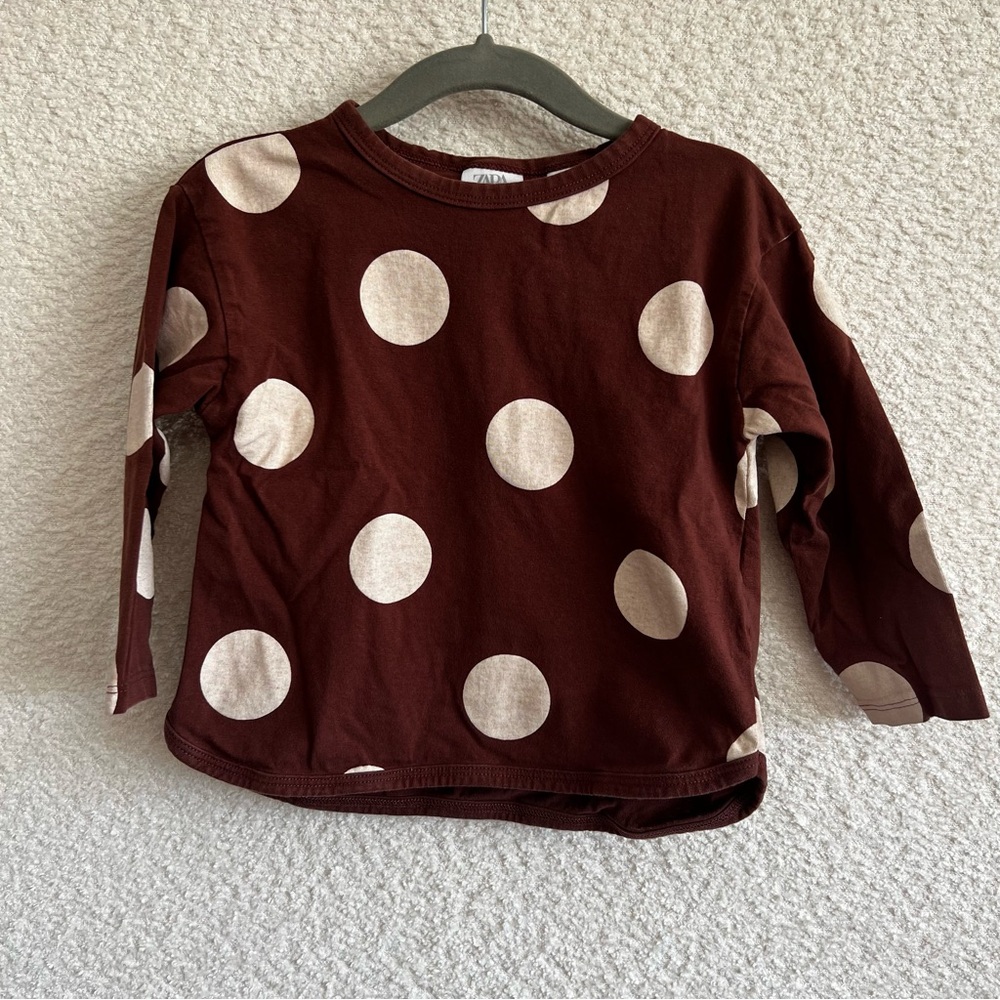 Zara Toddler Long Sleeve Brown Shirt Polka Dots 100% Cotton Size 18-24 Months‎